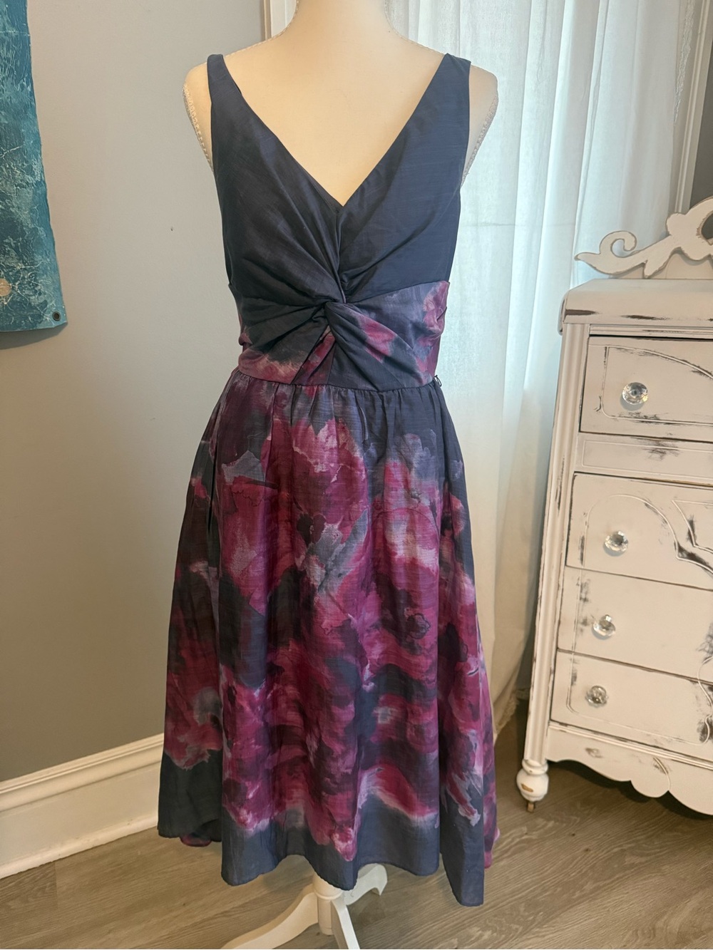 Lela Rose Women's Gray Watercolor Sleeveless V-Neck Silk Blend Dress Size 4 - Picture 3 of 6